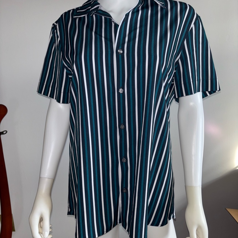 Perry Ellis Green and White Striped Casual Button Down Shirt